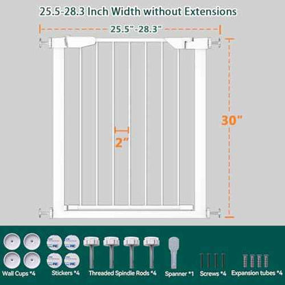 Fairy Baby 25.6-28.3 Inch Narrow Easy Install Baby Gate, Metal Safety Child Gate for Doorways, No Drilling Pressure Mounted Pet Gate for Small Stairs, No Extensions, White