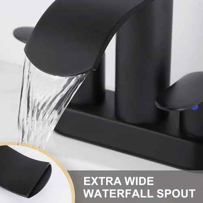 Waterfall Bathroom Faucet 4 Inch Centerset ? WOWOW 2 Handle Matte Black Sink Faucet for 2 or 3 Hole Vanity, Modern Stainless Steel Zinc Alloy with Pop Up Drain and cUPC Hose for Basin