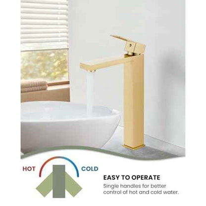 gotonovo Vessel Sink Faucet Single Handle Tall Bathroom Faucet One Hole Modern Lavatory Vanity Basin Mixer Tap Matching Supply Hoses and Pop up Drain Without Overflow, Brushed Gold
