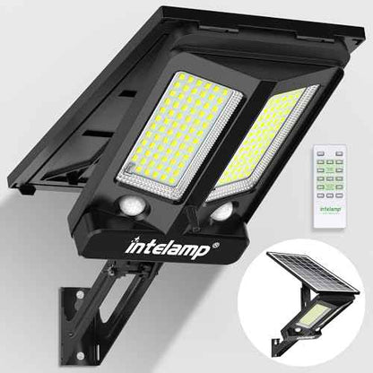 intelamp Solar Street Lights Outdoor Waterproof 3000LM 12500mAh Dual Motion Sensor Dusk to Dawn Security Floodlight Lamp Outside, LED Flood Lighting Exterior with Remote for Parking Lots Patio Yard