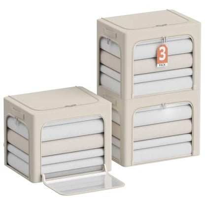3Pack Clothes Storage Bins - Oxford Frame Storage Box Foldable Stackable Storage Organizer with 3 Openings Design, Metal Frame, Clear Window, Carry Handles (36L-15.7 * 11.8 * 11.8in, Beige)