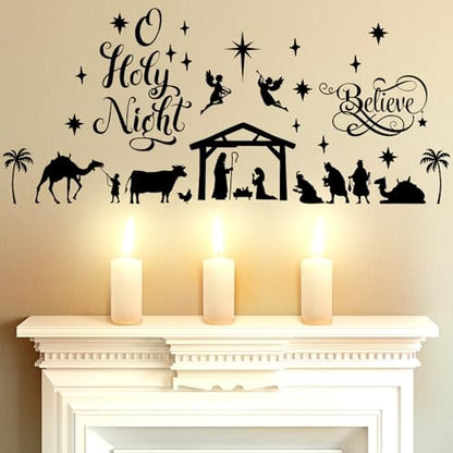 Chinco Large Christmas Nativity Scene Wall Decor Stickers Nativity Vinyl Wall Decal Christmas Decorations Religious Wall Murals Modern for Xmas Room Decor, Black (O Holy Night)