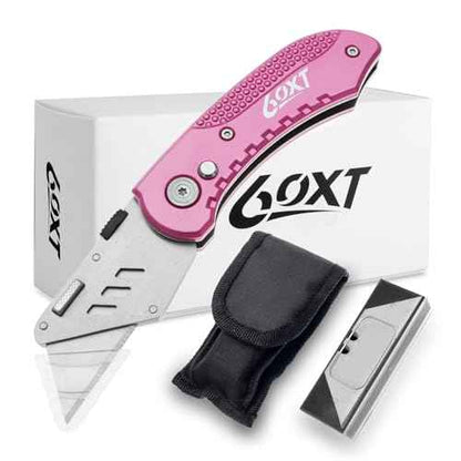 Utility Knife Folding Safety Lock & Quick Change with 10 Extra SK5 Replacement Blade Lightweight Aluminum Handle & Pocket Clip Multi-Use Box Cutter Office Home Art Diy Great Gift Choice (Pink)