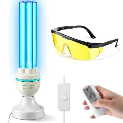 Qualirey 36 Watts UVC Ozone Light with Remote Control and UV Glasses, UV Lamp with E26 Base, 3 Gear Timer 15/30/60 Minutes, UVC Light Bulb for Basement, Bedroom, Kitchen, Storehouse, Car