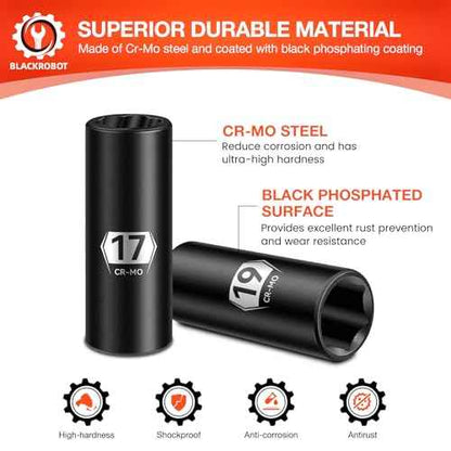 BLACKROBOT 5-Piece 1/2" Drive Lug Nut Removal Tool, 6 Point & Twist Lug Nut Extractor, Impact Flip Socket Set (17mm, 19mm, 21mm, 22mm) with 3" Extension Bar, CR-MO Steel