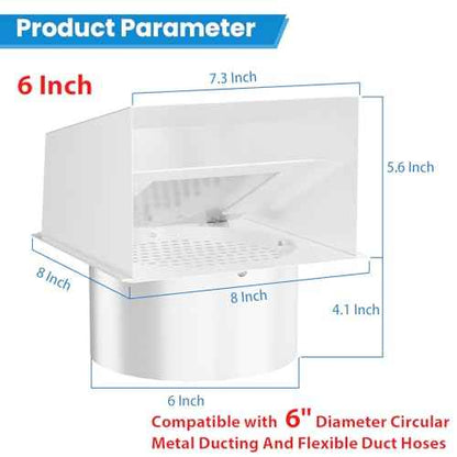 6" Metal Hooded Wall Vent with Screen and Damper, Exhaust Vent Cover Outside, Exterior Vent Cover for Dryer Vent Kitchen Range Hood Outdoor Air Exhaust (6 Inch-White)