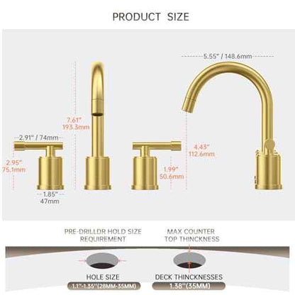 Phiestina Brushed Gold Bathroom Faucet Pull Down- 8 Inch Widespread 3-Hole with Pull-Out Sprayer,Lead-Free Stainless Steel,Metal Pop-Up Drain,Water Supply Lines,2 Handles,WFZY01CL-BG