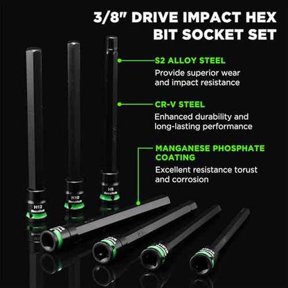 3/8" Drive Long Impact Hex Bit Socket Set, Allen Bit Sockets, 20PCS Allen Wrench Socket, SAE (1/8"-7/16¡±) and Metric (3MM-12MM), 6" Long CR-V & S2 Alloy Steel Hex Key Set