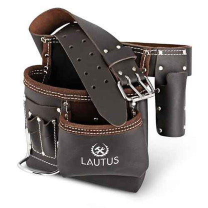 LAUTUS 5 Pocket Oil Tanned Leather Tool Belt - Multifunctional Tool Pouch/Bag/Apron Carpenter, Construction, Framers, Handyman, Electrician | 30-Inch to 46-Inch | Brown| Hammer Holder| Built Tough|