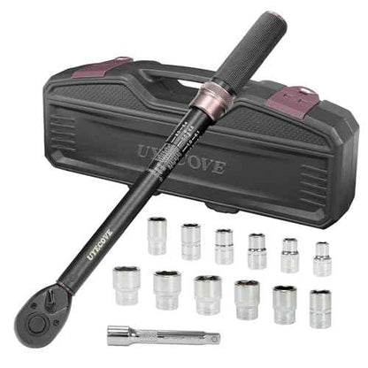 14Pcs 1/2-Inch Drive Click Torque Wrench Set 10-170 ft.lb/13.6-230.5 Nm, Dual-Direction Adjustable 72-Tooth Torque Wrench for Moto and Car Maintenance