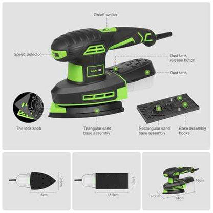 GALAX PRO 250W 2-in-1 Sheet Sanders/Detail Sanders, 6000-12000 RPM 6 Variable Speed Multi-Function Sander with Dust Box, Electric Sander for Sanding Metal and Polishing Wood, Includes 12 Sandpaper