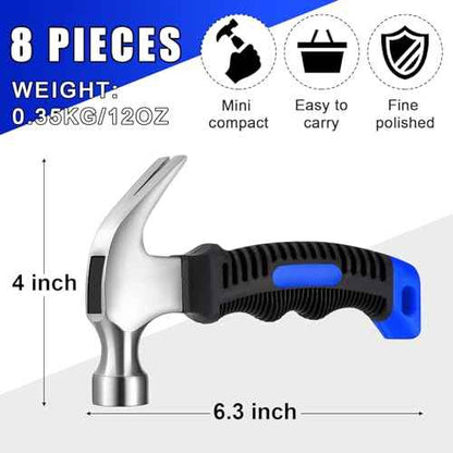8 Pieces Small Hammer 12 Ounce Mini Hammer for Kids Women Men, Lightweight Melt Claw Hammers Bulk with Hardware Nails for Hanging Pictures Crafts Tent Kit (Blue and Black)