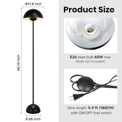 Black Floor Lamp for Living Room, 66'' Industrial Standing Lamp with Unique Metal Shade&Base Reflecting Light Tall Retro Lamp for Bedroom, Black