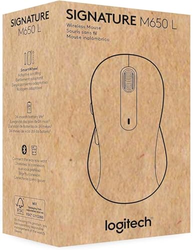 Logitech Wireless Mouse Signature M650 L Full Size - Large Hands, 2-Year Battery, Silent Clicks, Customizable Buttons, Bluetooth, PC/Mac/Chromebook - Black, Right-Handed, Large