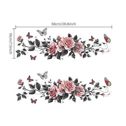 Black Butterflies Rose Wall Decals Pink Flower Vines Wall Stickers Vinyl Floral Wall Art Decor for Girls Bedroom Bathroom Beauty Salon Window Door Decorations