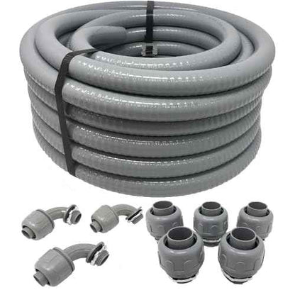 Sealproof 1/2-Inch Non-Metallic Liquid-Tight Conduit and Connector Kit, 50 Foot Made in USA Flexible Electrical Conduit Type B with 5 Straight and 3 90-Degree Conduit Connector Fittings, 0.5" Dia