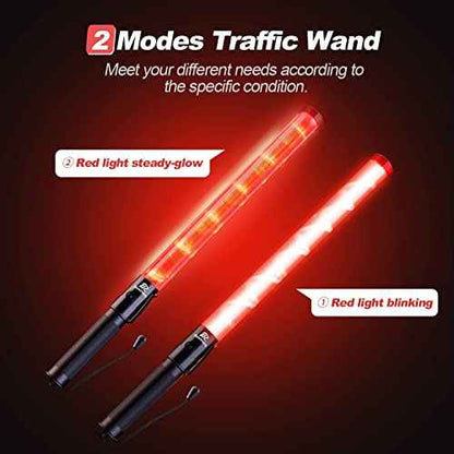 RoadHero 4 Pack Traffic Wand, 21 Inch Led Traffic Control Wands with 2 Flashing Modes, Safety Light Baton with Side Clip for Airport, Parking, Car Directing