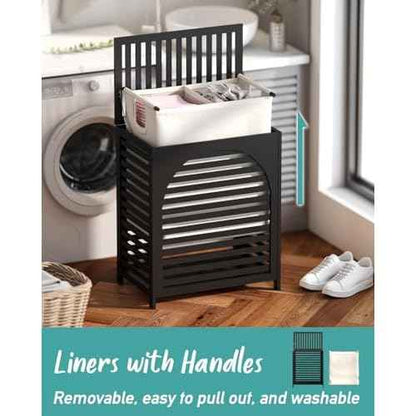 Black Laundry Hamper, Laundry Hamper with Lid, 27.3 Gallon (103L) Bamboo Wood Clothes Laundry Basket with Lid and Handles, Removable Liner