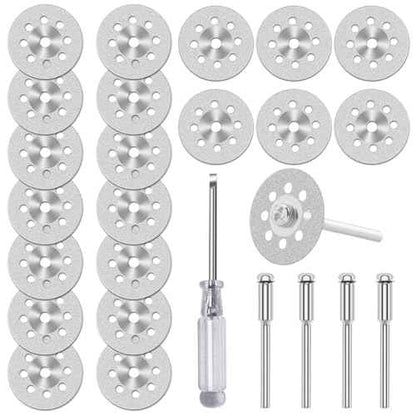 20pcs 545 Diamond Cutting Wheel Cut Off Discs Coated (22mm) for Dremel Rotary Tool with 402 Mandrel (3mm) 4pcs and Screwdriver for Cutting Glass, Stone, Ceramic, Marble, Tile, Plastic
