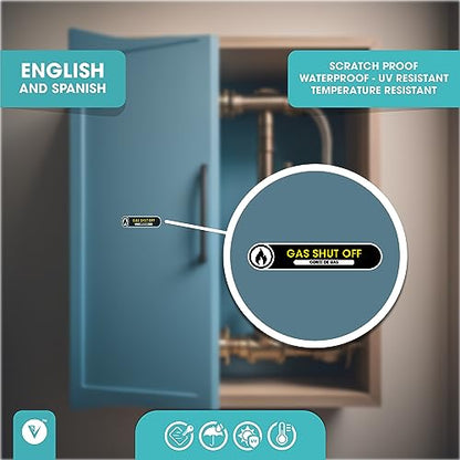 Bilingual Gas Shut Off Small 2 Stickers Pack | Emergency Gas Shut Off Small English and Spanish Signs | 5in x 1in Permanent Matte Vinyl | Waterproof Stickers