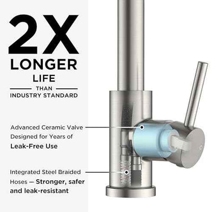 FORIOUS Kitchen Faucet with Pull Down Sprayer, Classic Single Hole Kitchen Sink Faucet with Deck Plate, Brushed Nickel Single Handle, High Arc Stainless Steel for RV Bar Farmhouse Laundry Outdoor