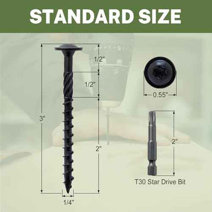LIONMAX Lag Screws 3 Inch, Structural Wood Screw #14 x 3, 300-PCS Heavy Duty Construction Screw, Rust Resistant, Washer Head, Black Coated Exterior Wood/Lag/Timber Screws, Star Drive with Bit