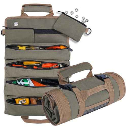 Roll Up Tool Bag Organizer, Portable Tool Roll Organizer Bag, Waterproof Oxford Cloth Tool Pouch with Handle and 6 Pockets, Perfect for Home, Electrician (Green)