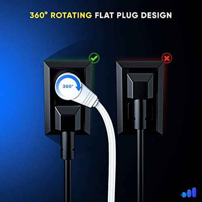 Maximm 360 Rotating Flat Plug Extension - 50ft Flat Cord, Slim Space-Saving Design (White)