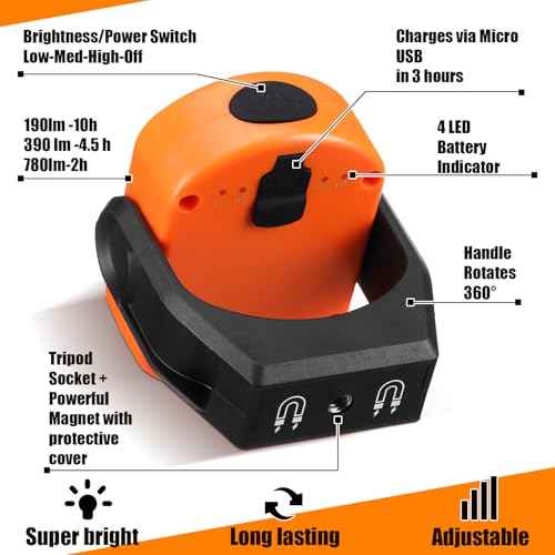 Retisee 2 Pcs 780 Lumens Magnetic Work Light USB Rechargeable LED Flashlight Portable Inspection Light for Car Repair Emergency Lighting Mechanics Workshop (Orange)