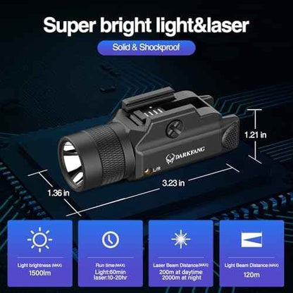 DARKFANG Tactical Flashlight and Green Laser Light Combo 1500 Lumen for Shotgun/Pistol Light with Momentary/Strobe Function for 1913 Picatinny Rail