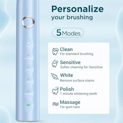 Electric Toothbrush for Adults with 8 Brush Heads, Sonic Toothbrush Rechargeable with a Holder & Travel Case, 2.5 Hours Charge for 120 Days Use - Light Blue