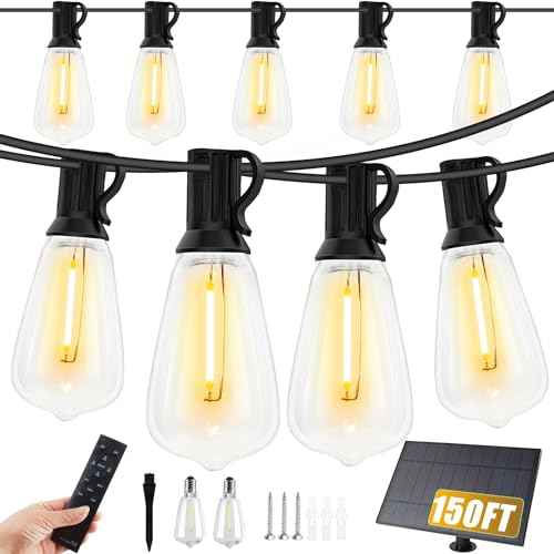 VUAA 150FT Solar Outdoor String Lights Waterproof, Solar Powered Patio Lights with 52 Shatterproof ST38 Edison Bulbs & Remote Control,LED Dimmable Solar String Lights for Outside