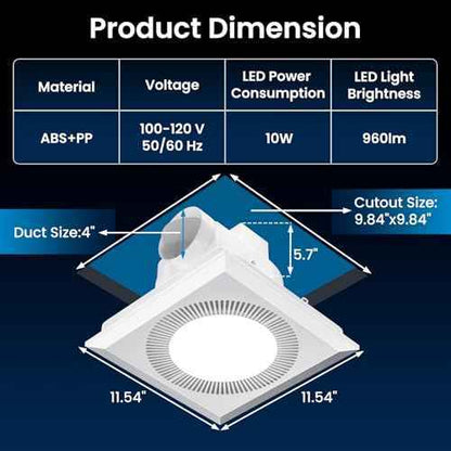 Hon&Guan Bathroom Exhaust Fan with Light, Upgraded Quiet Square Bathroom Vent Fan with Adjustable LED Light 3000K/4500K/6500K, 110 CFM, 1.0 Sones, Exhaust Fan with Light for Home Bath Hotel
