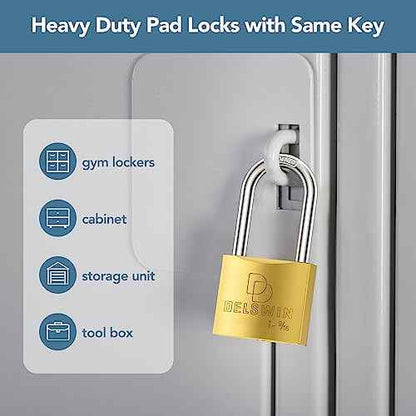 DELSWIN Weatherproof Padlock with Key (Keyed Alike) - Heavy Duty Solid Brass Locker Lock with 1-9/16" Long Shackle, Marine Grade Pad Lock for Outdoor Gate, Fence, Shed (4 Pack)