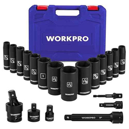 WORKPRO 20-Piece 1/2£¢ Drive Deep Impact Socket Set, 6-Point, Cr-V Steel, 10-27mm, Universal Joint, Adapter and Extension Bar, SAE