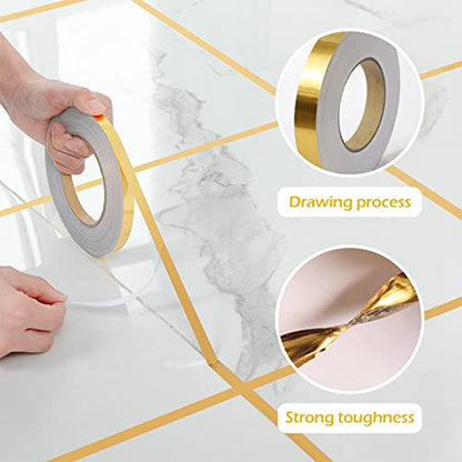 3 Sizes Self Adhesive Metalized Polyester Film Tape Waterproof, Floor Tile Gold Foil Lines Tape, Tile Seam Stickers for Cabinet Bathroom Kitchen Decor Graphic Arts (Gold)