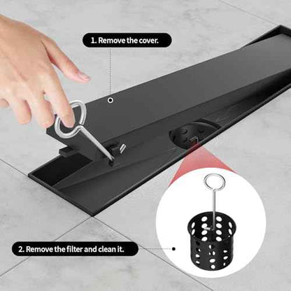 Linear Shower Drain, 304 Stainless Steel with Adjustable Leveling Feet, Hair Strainer,Reversely Install Place to Create an Invisible Floor Drain - Black -16-Inch