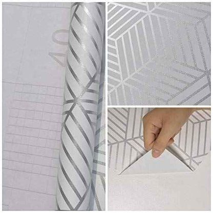 MelunMer White and Silver Peel and Stick Wallpaper Modern 118In L 17.7InW Self Adhesive Removable Wallpaper White Contact Paper for Cabinets Stripe Geometric Contact Paper Hexagon Shelf Liner Vinyl