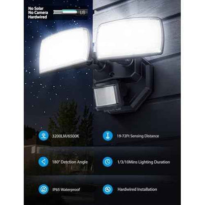Onforu 32W 2 Head Motion Sensor Outdoor Lights, 3200LM 6500K Hardwired LED Security Light, Dusk to Dawn, Motion Detector Light for Outside, 2 Pack IP65 Waterproof Flood Lights for Garage, Yard(Black)