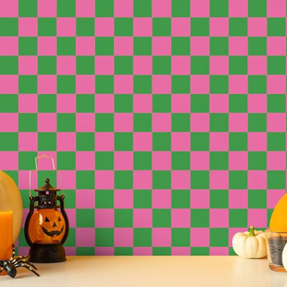 Pink Green Checkered Peel and Stick Wallpaper 70s Retro Funky Checkered Contact Paper Geometric Waterproof Wallpaper Neutral Checkerboard Decor for Bathroom Cabinet(9.8' x 15.75'')