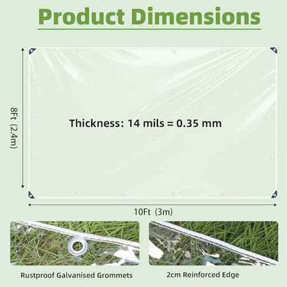 8x10ft Clear Plastic Tarps Heavy Duty Waterproof, 14 Mil PVC Vinyl Clear Tarps with Grommets, Winter Pation Porch Enclosure Panel, Transparent Rainproof Canopy Fabric for Outdoor Porche, Chicken Coops