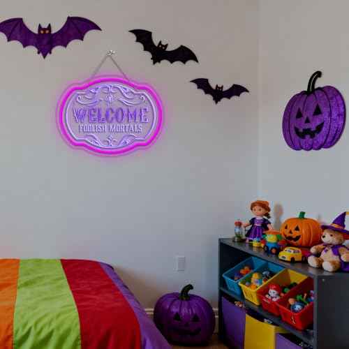 Welcome Foolish Mortals Neon Sign - Haunted Mansion LED Wall Decor for Halloween, Horror Parties & Themed Bars, USB-Powered with Adjustable Brightness, Spooky Flicker Effect