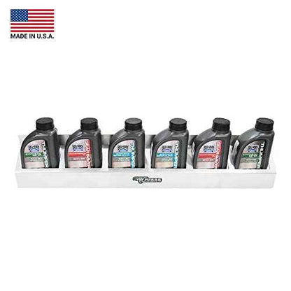 Pit Posse 304 Six Quart Oil Can Rack Holder 32" Caddy Wall Hanger Aluminum Shelf - Made in USA - Holds 6 Quarts of Motor Engine Oil - Enclosed Race Trailer Shop Garage Storage Organizer (Silver)