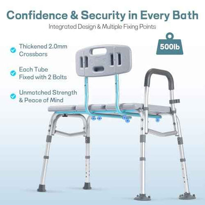 TABEKE Tub Transfer Bench for Bathtub, 500lb Shower Chair with Backrest & Armrest, Height Adjustable Shower Bench, Tool Free Assembly Shower Seat for Elderly and Disabled-Gray