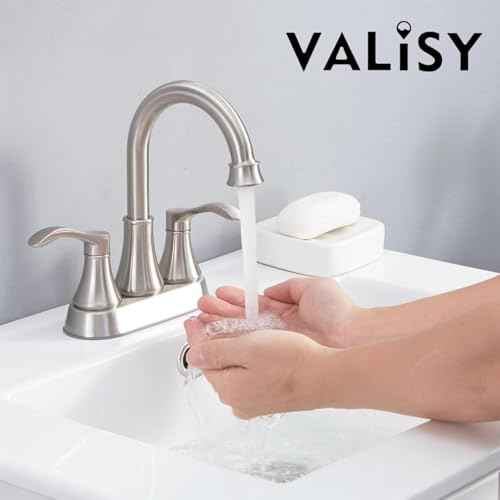 Brushed Nickel Bathroom Sink Faucets, 360¡Æ Swivel High-Arc Spout 2-Handle 4 Inch Centerset Lavatory Vanity Faucets Set for Bathroom Sink with Drain & Water Hoses, 2 Pack, VLSZST050L-2