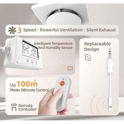 3 Speed Bathroom Exhaust Fan with Humidity Sensor & Remote Control, Timer Humidity & Temperature Control Quiet Upgraded 2600RPM Bathroom Fan for Attic Basement Garage P119A(4 inch Exhaust Fan)