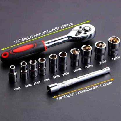 YWHWXB 1/4 Inch Ratchet Socket Wrench Set, Metric Socket Set with Quick Release Reversible Ratchet Wrench and Extension Bar, Metric SAE Mechanic Tool Kit,12 Pcs