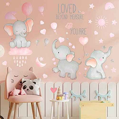 Outus 7 Pcs Dream Big Little One Elephant Nursery Wall Stickers Wall Decor Baby Room Moon Hot Air Balloon Pink Grey Stars Decals for Kids Living Room Bedroom Decorations Home Decor