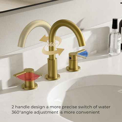 8 Inch 3 Hole Bathroom Faucets Brushed Gold, Widespread Vanity Faucet with Aerator, 360¡Æ Swivel High Arc Spout, Spot-Free Finish, cUPC NSF Certified, CEC & DOE Compliant, 2 Handle Sink Faucet
