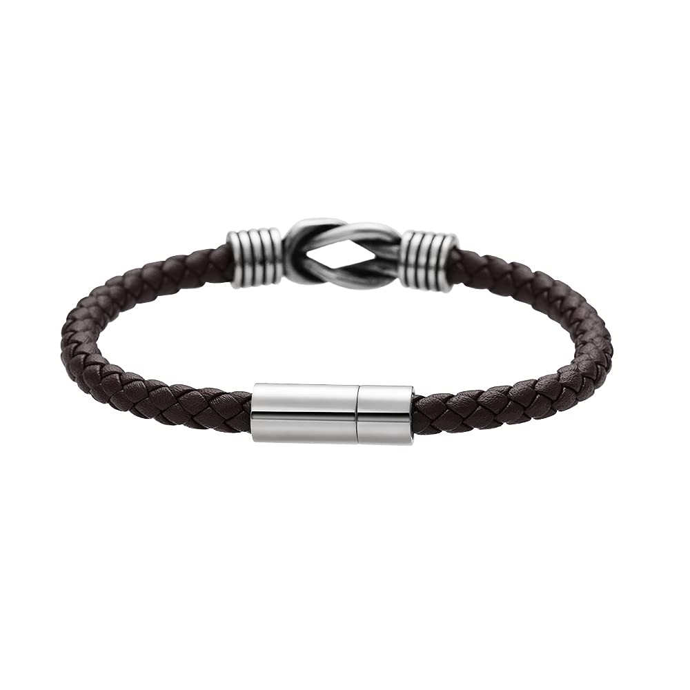 Geoffrey Beene Men's Braided Genuine Leather Knot Bracelet with Stainless Steel Closure (Brown, 8.5")